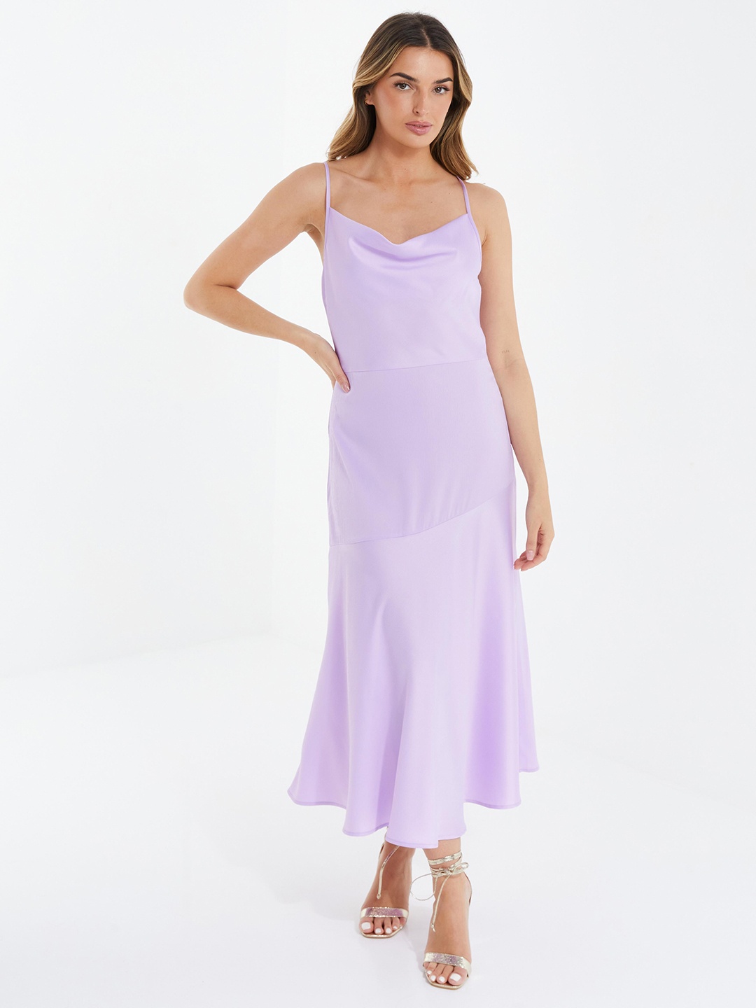 

QUIZ Cowl Neck Flounce Hem Maxi Length Satin Slip Dress, Purple