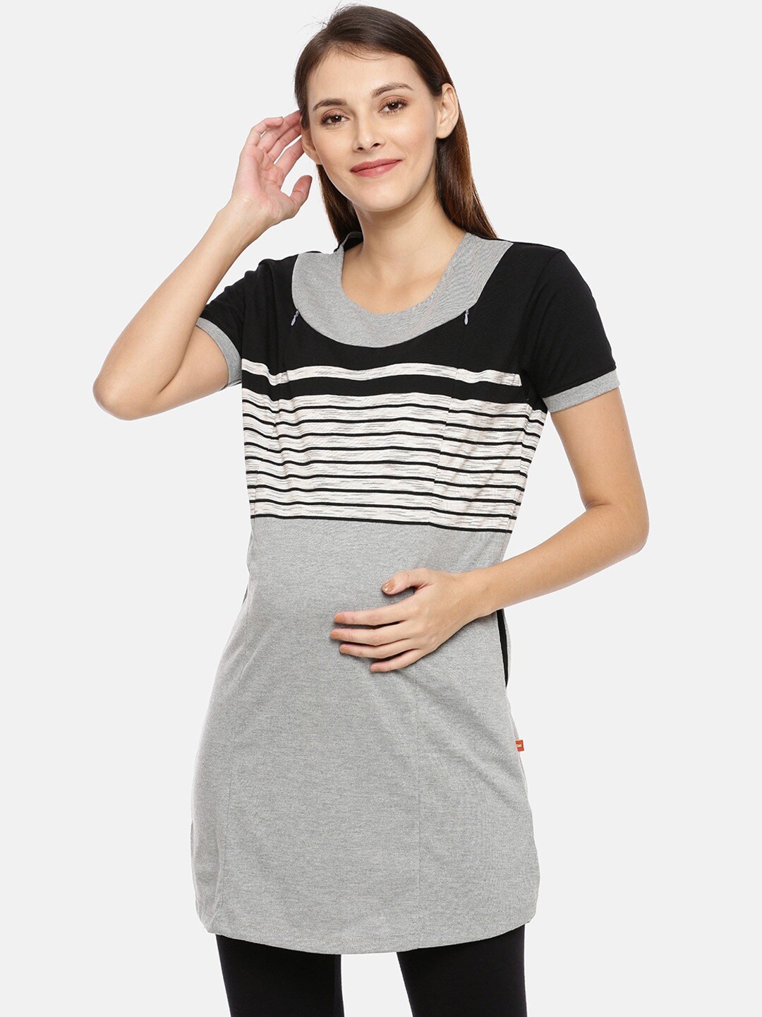 

GOLDSTROMS Horizontal Striped Round Neck A Line Longline Maternity Top, Grey