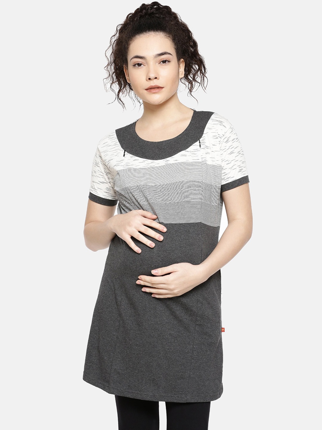 

GOLDSTROMS Horizontal Striped Round Neck A Line Longline Maternity Top, Grey melange