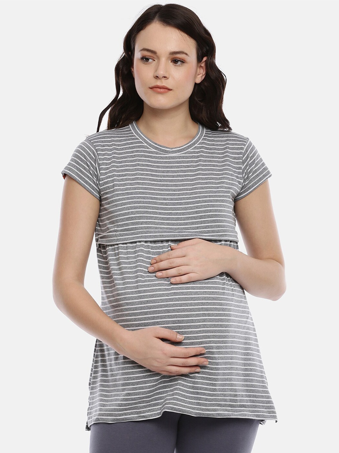 

GOLDSTROMS Striped Round Neck Longline Maternity T-shirt, Grey