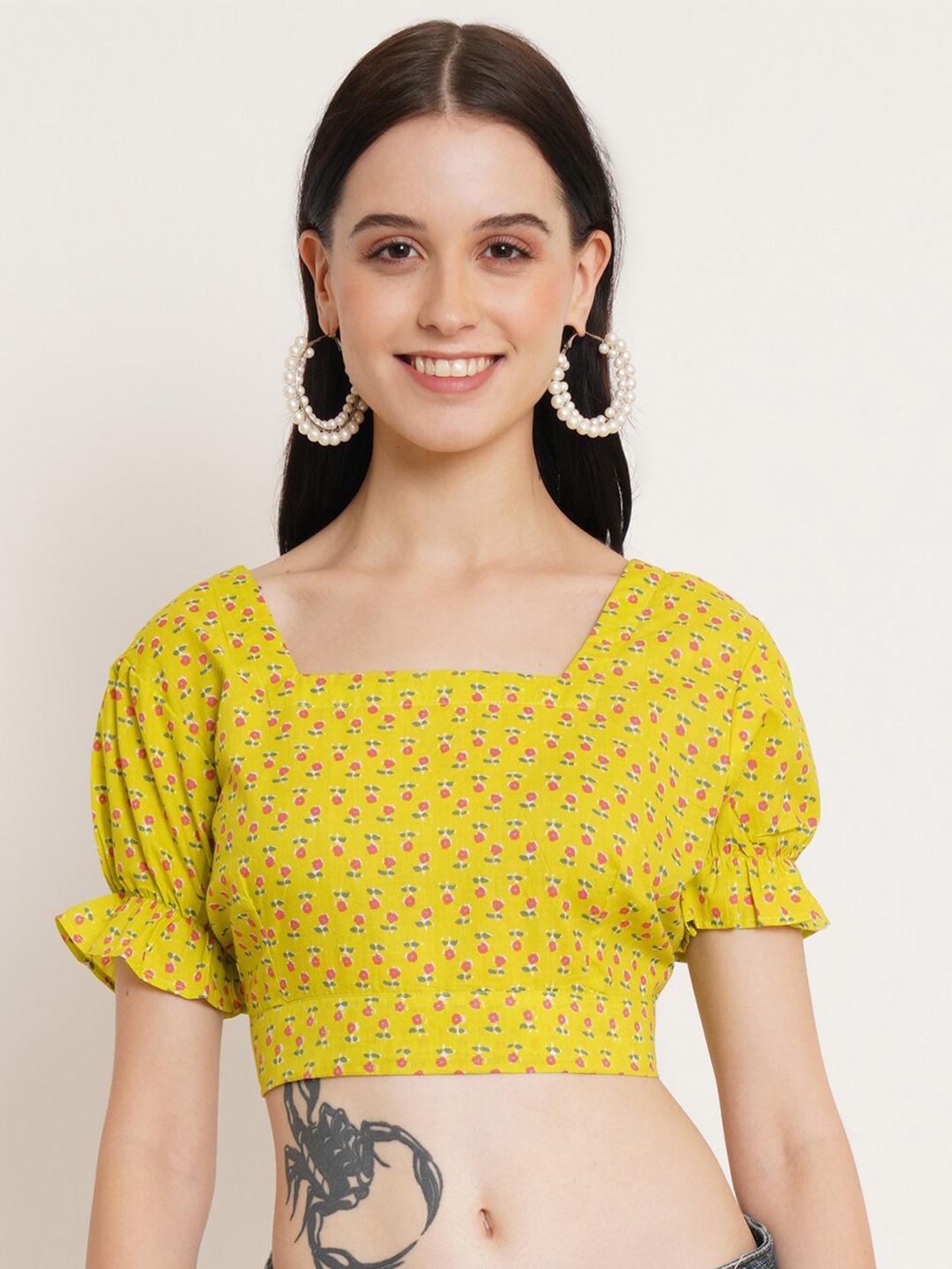 

FABRIC FITOOR Floral Printed Puff Sleeve Pure Cotton Crop Top, Green