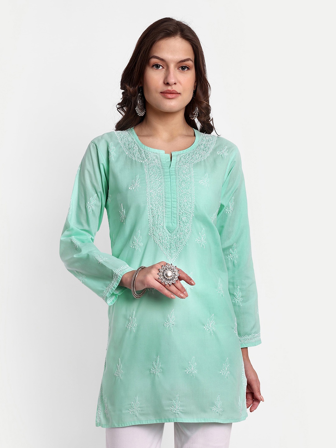 

ADA Ethnic Motifs Embroidered Chikankari Pure Cotton Kurti, Sea green