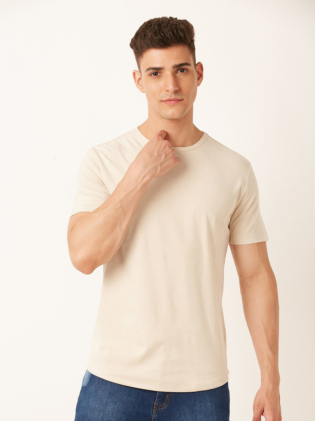 

FOREVER 21 Cream Round Neck Pure Cotton T-shirt