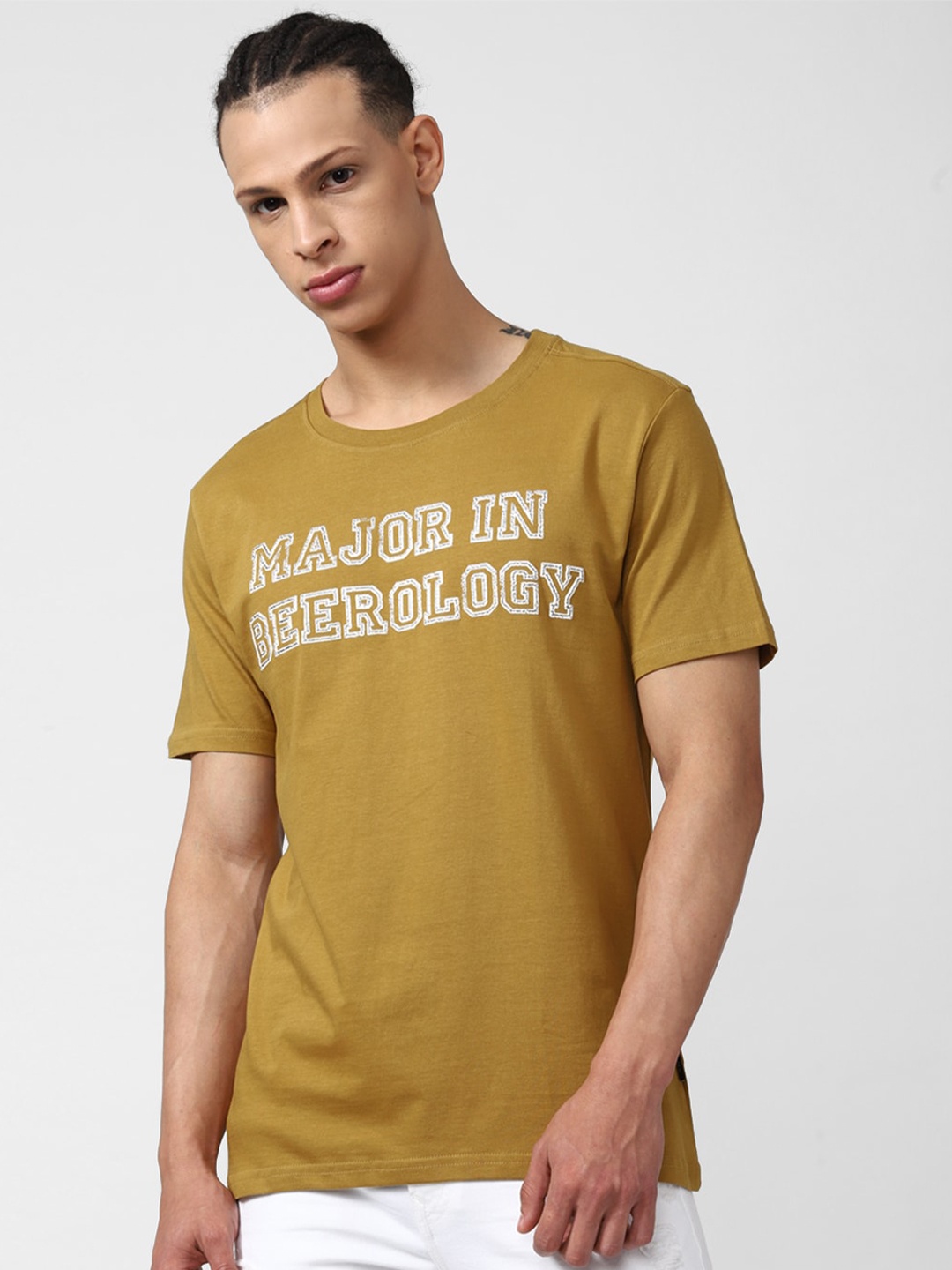 

FOREVER 21 Mustard Yellow Typography Printed Round Neck Pure Cotton T-shirt