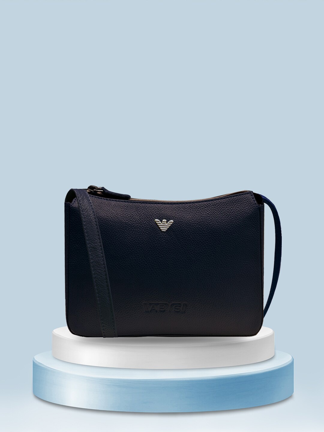 

ABYS Textured Genuine Leather Structured Sling Bag, Navy blue