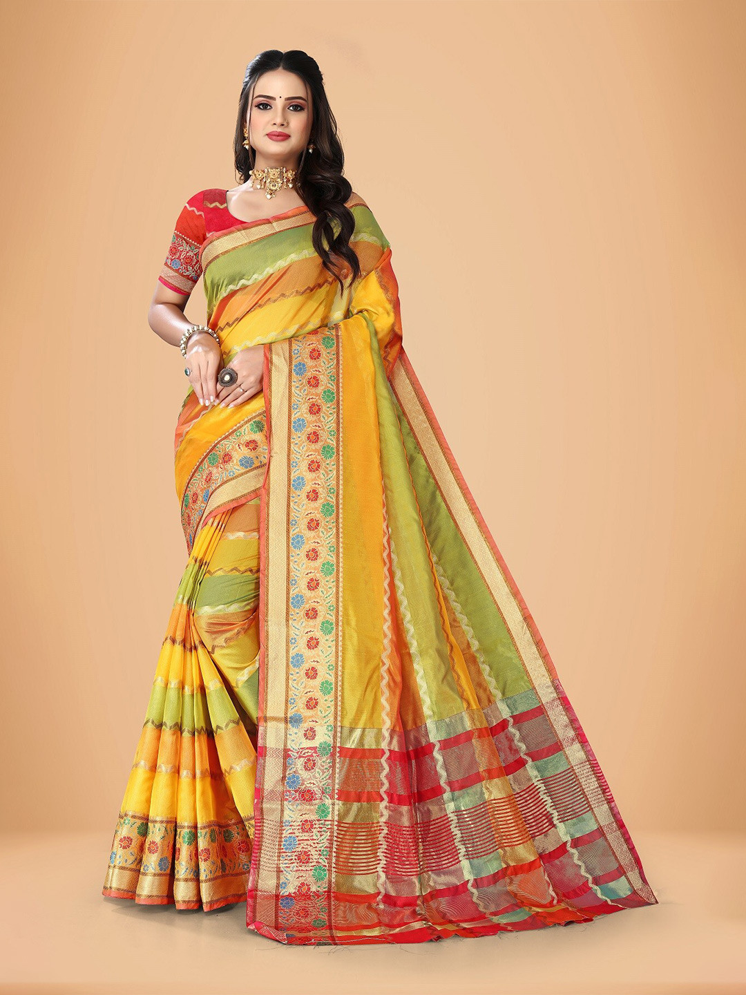 

Rivana Striped Woven Design Zari Art Silk Banarasi Saree, Yellow