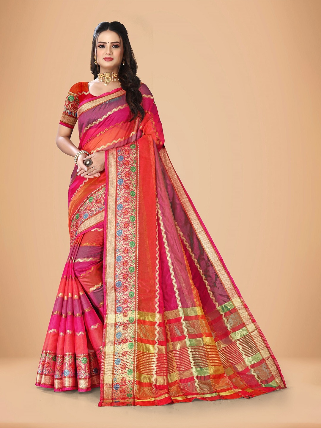 

Rivana Striped Woven Design Zari Art Silk Banarasi Saree, Pink