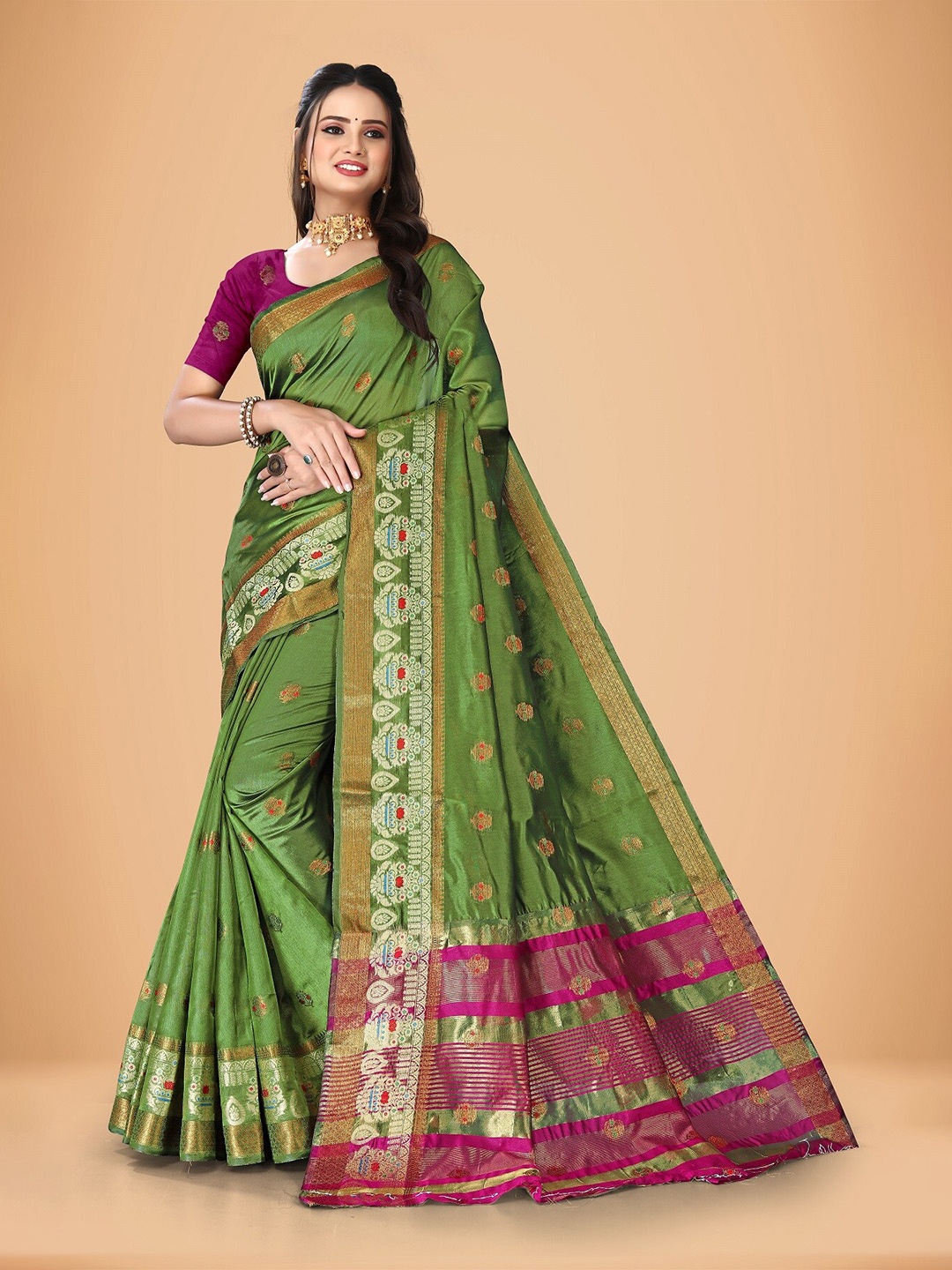 

Rivana Ethnic Motifs Woven Design Zari Art Silk Banarasi Saree, Olive