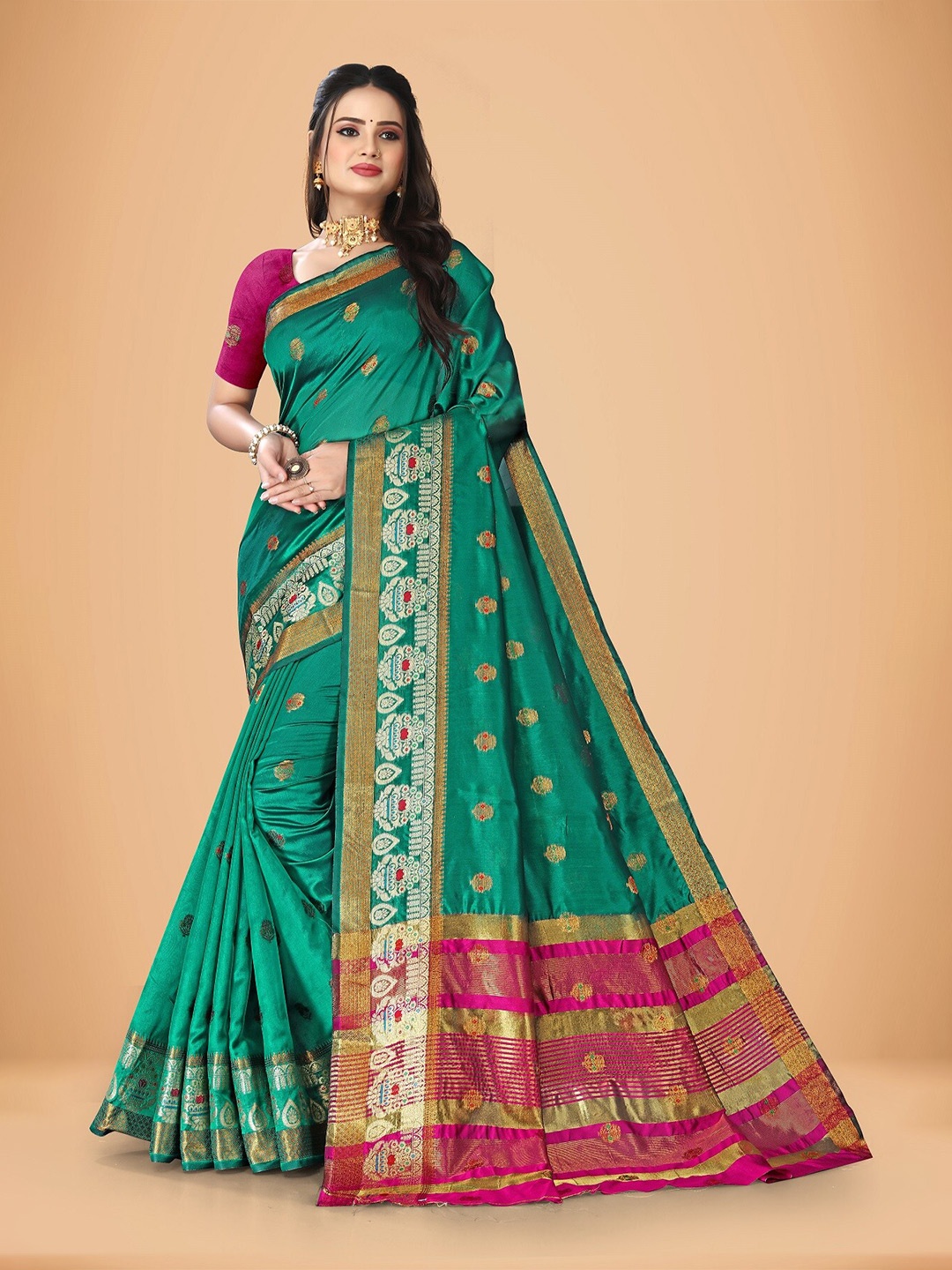 

Rivana Ethnic Motifs Woven Design Zari Art Silk Banarasi Saree, Teal