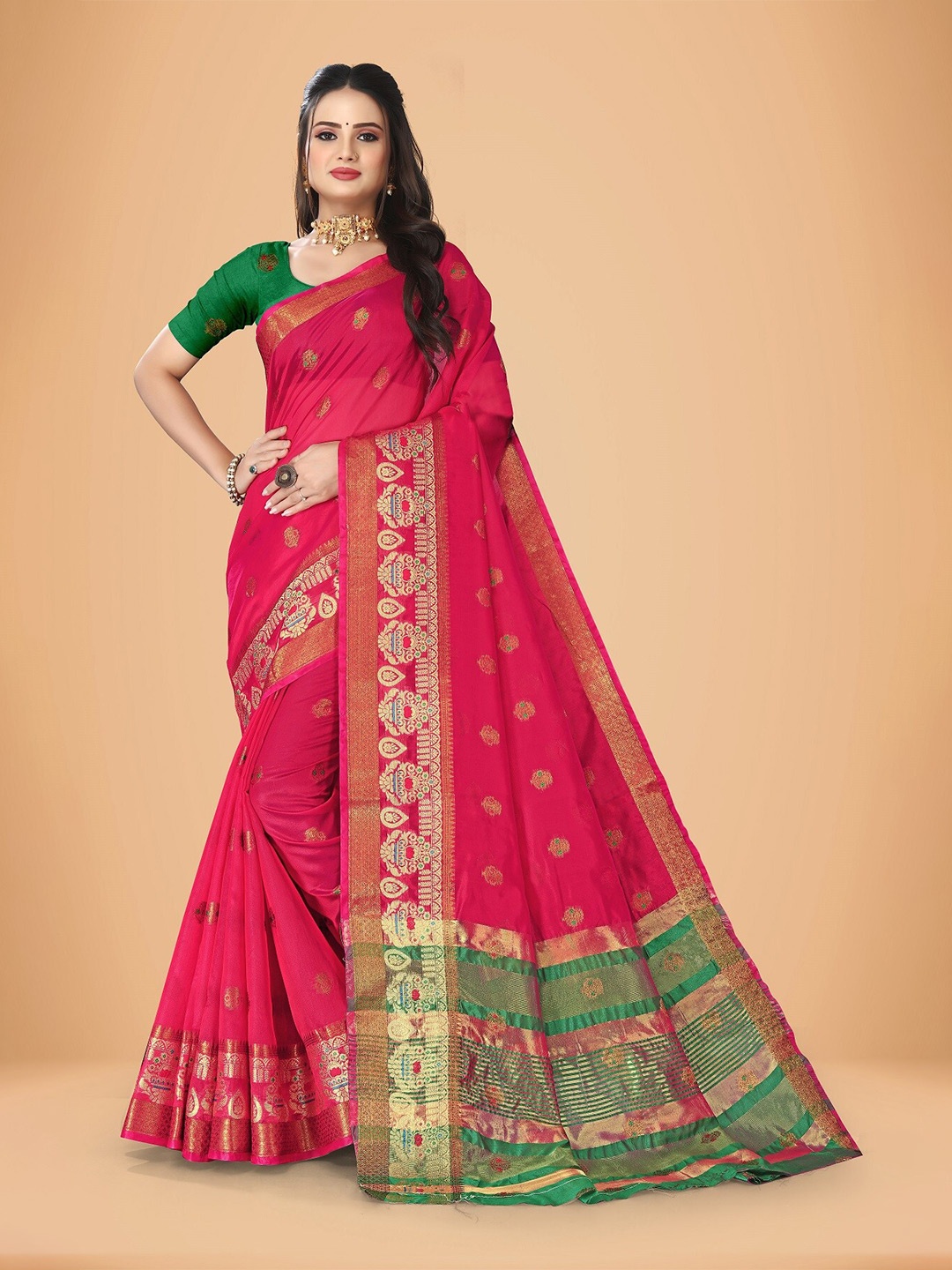 

Rivana Ethnic Motifs Woven Design Zari Art Silk Banarasi Saree, Pink