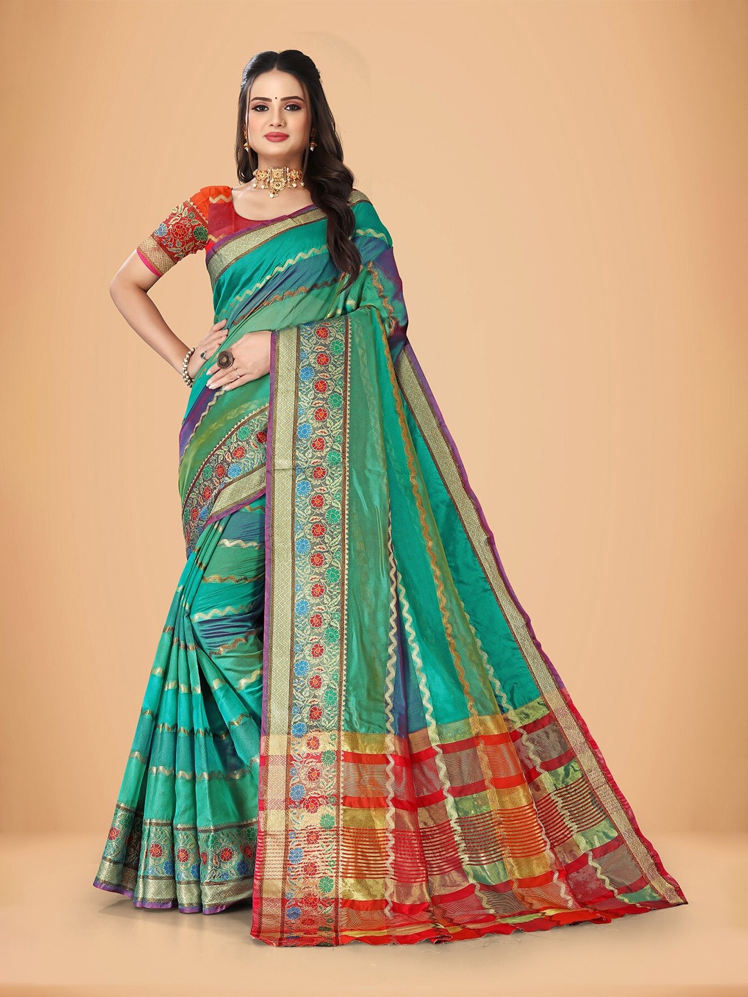 

Rivana Ethnic Motifs Woven Design Zari Art Silk Banarasi Saree, Teal