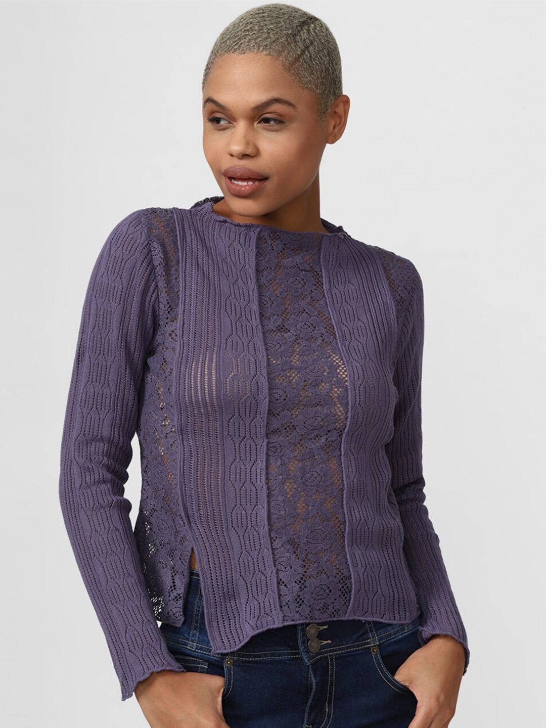 

FOREVER 21 Purple High Neck Self Designed Pure Cotton Top