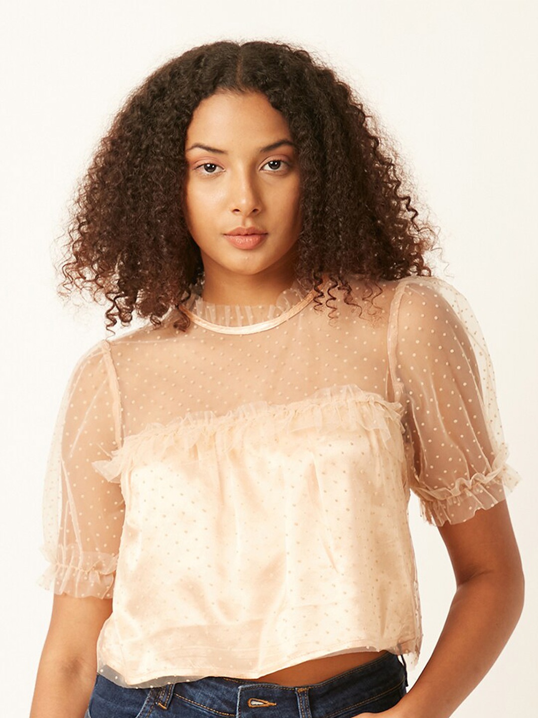 

FOREVER 21 Beige Self Designed Ruffles Puff Sleeves Regular Crop Top