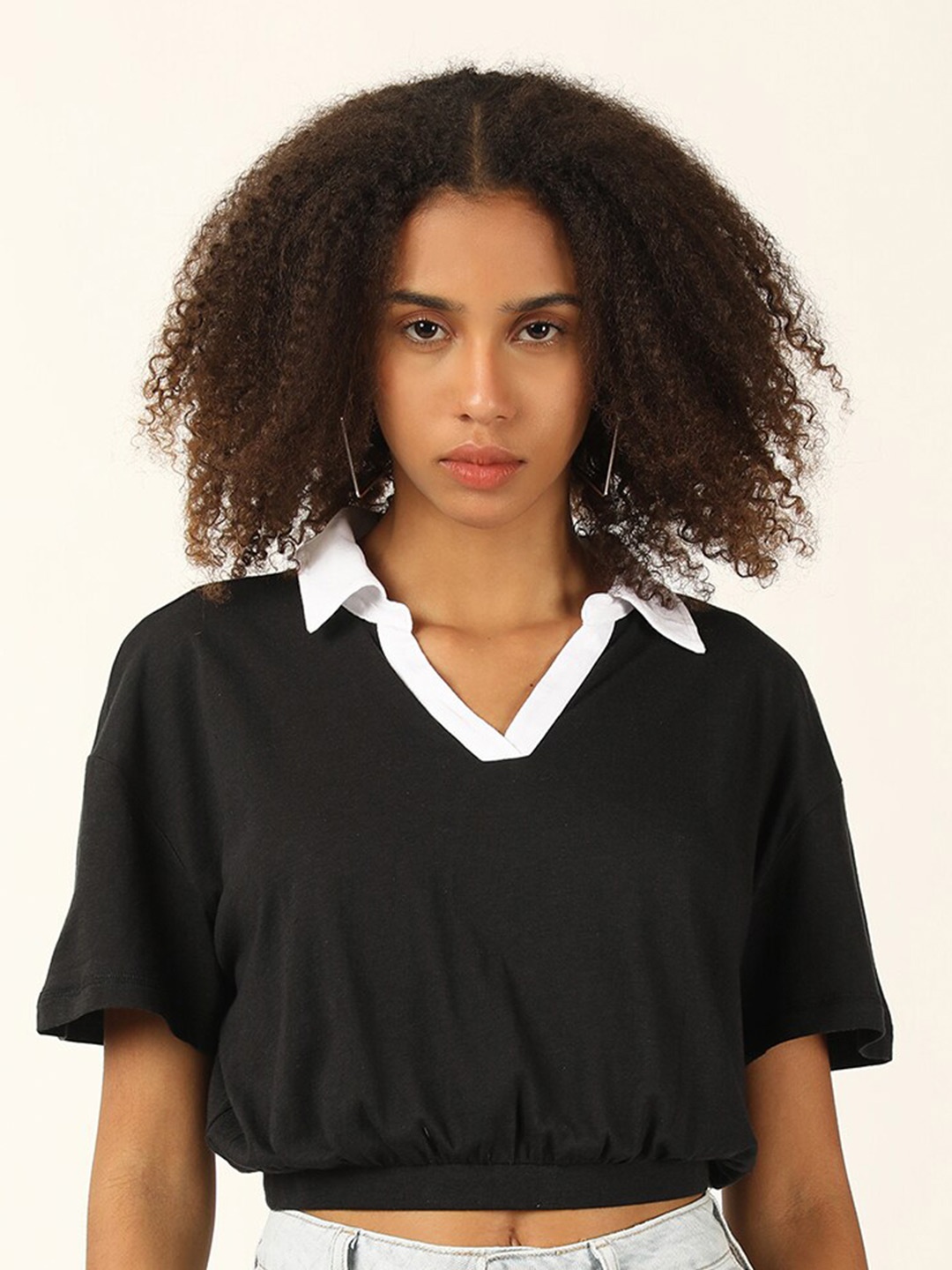 

FOREVER 21 Black & White Shirt Collar Cotton Crop Top