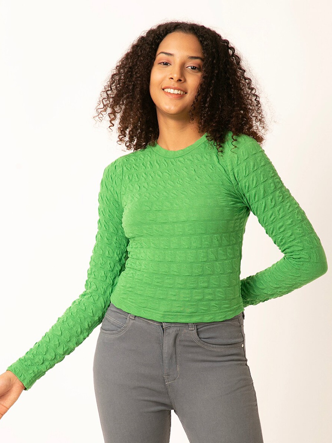 

FOREVER 21 Green Self Designed Round Neck Regular Top