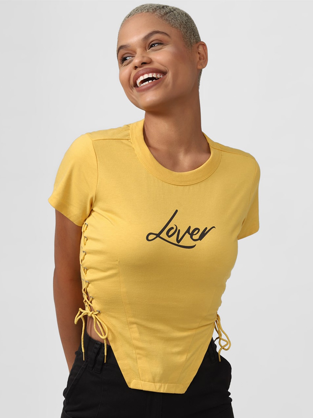 

FOREVER 21 Yellow Typography Printed Regular Sleeves Tie-Ups Cotton Top
