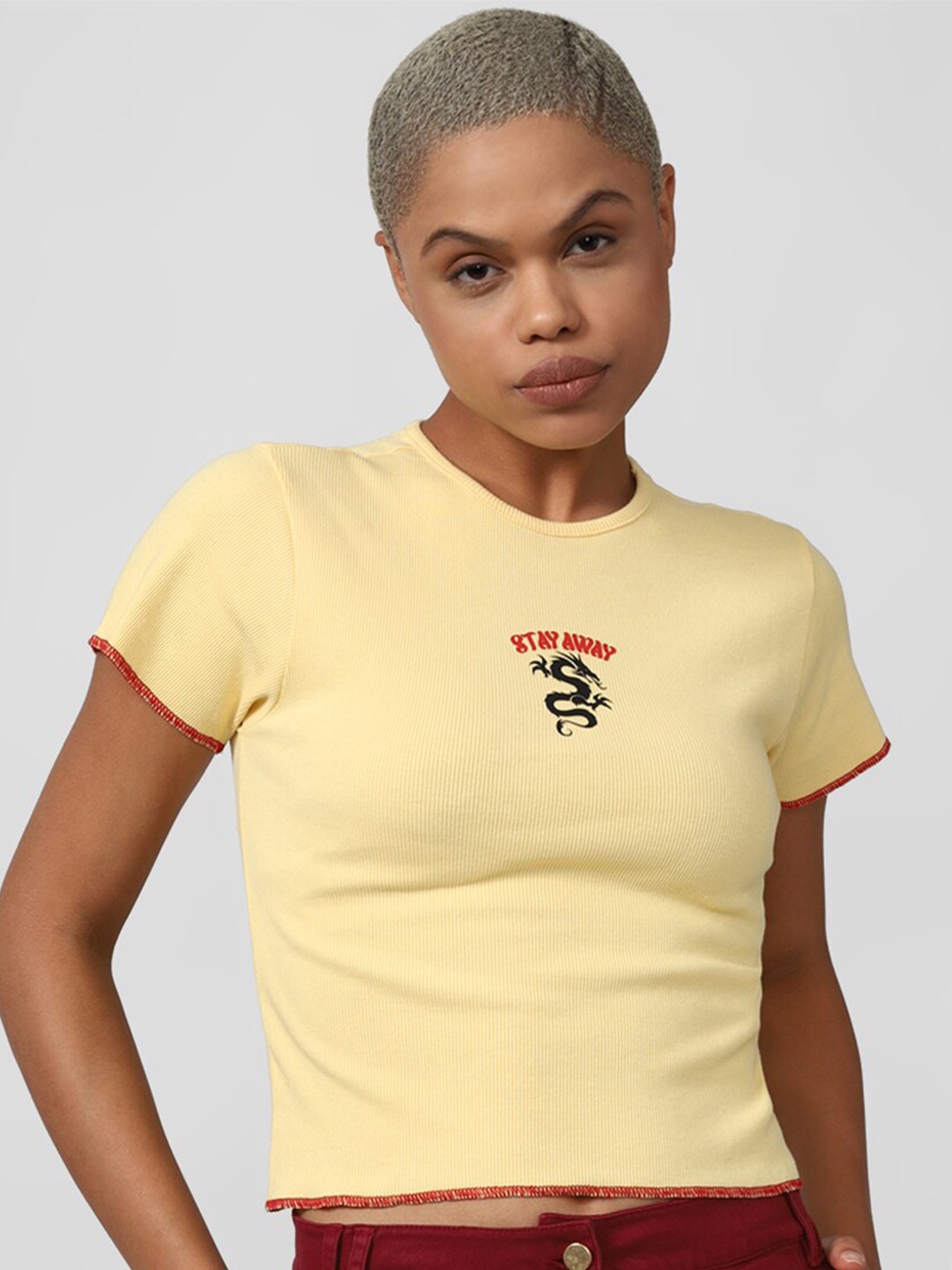 

FOREVER 21 Yellow Graphic Printed Cotton Crop Top