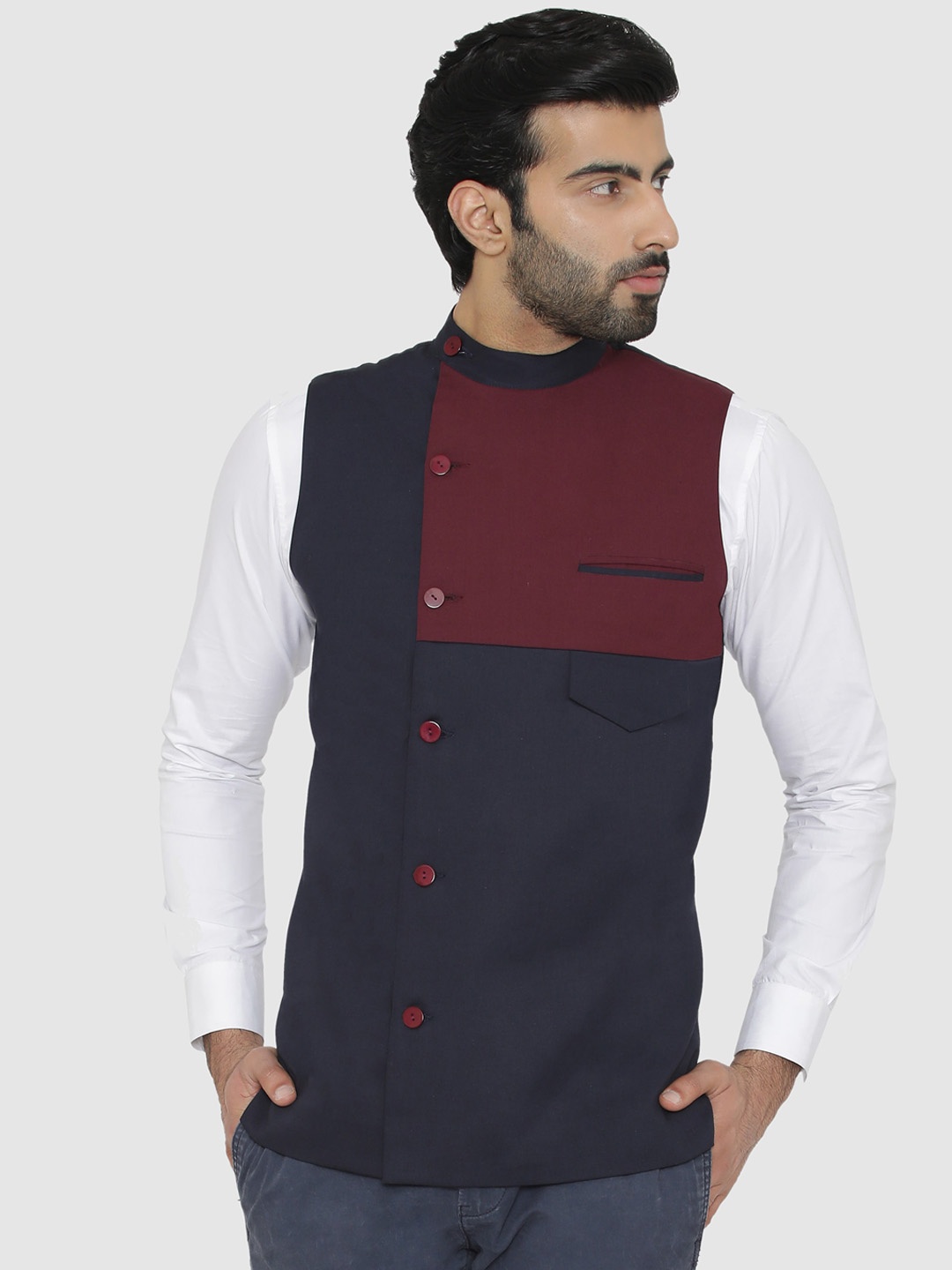 

Raas Colourblocked Mandarin Collar Pure Cotton Waistcoat, Blue