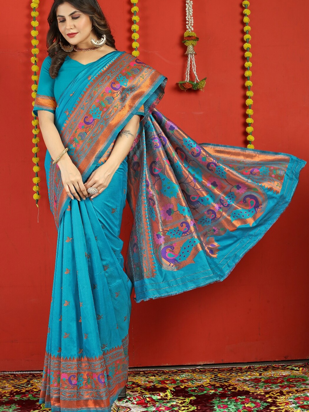 

AVANTIKA FASHION Ethnic Motifs Printed Zari Pure Silk Paithani Saree, Blue