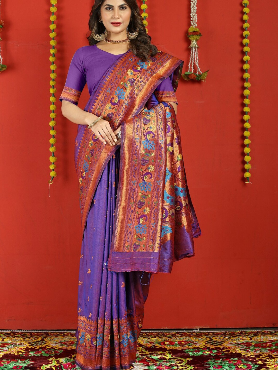 

AVANTIKA FASHION Ethnic Motifs Woven Design Zari Pure Silk Paithani Saree, Purple