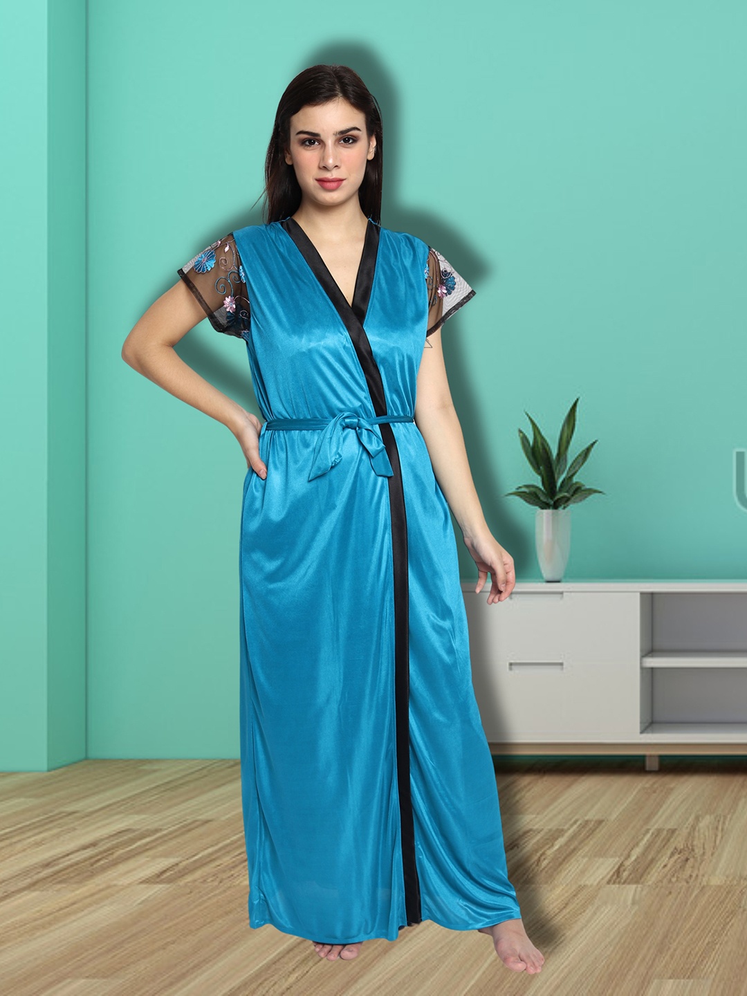 

Noty Floral Embroidered Maxi Satin Nightdress With Robe, Turquoise blue