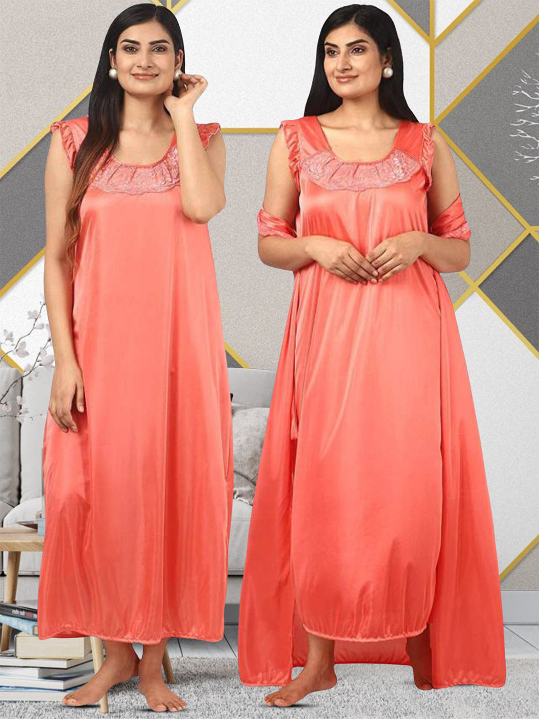

Noty Pack Of 2 Satin Maxi Nightdress With Robe, Peach