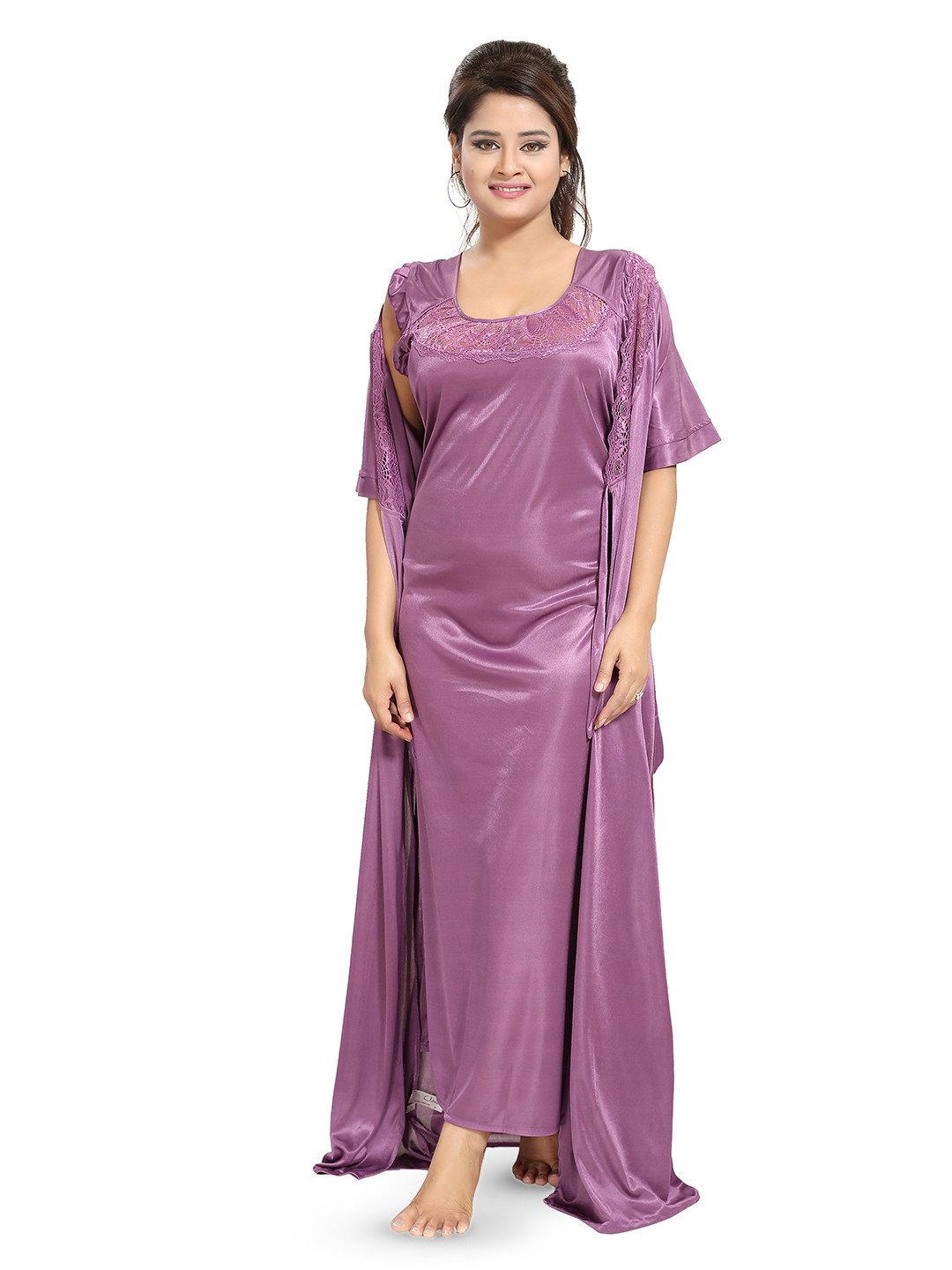 

Noty Pack Of 2 Satin Maxi Nightdress With Robe, Purple