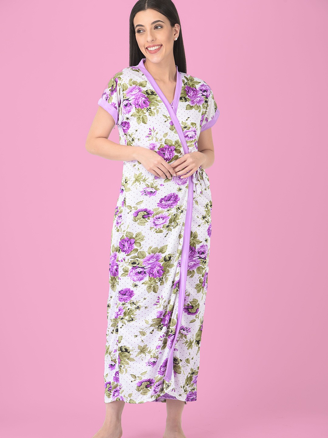 

Noty 2 Pieces Floral Printed Satin Maxi Nightdress With Robe, Purple