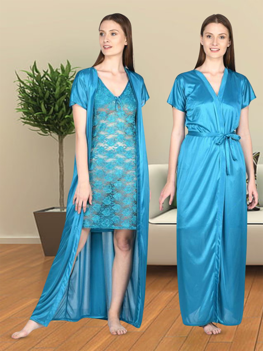 

Noty Satin Nightdress With Robe, Teal