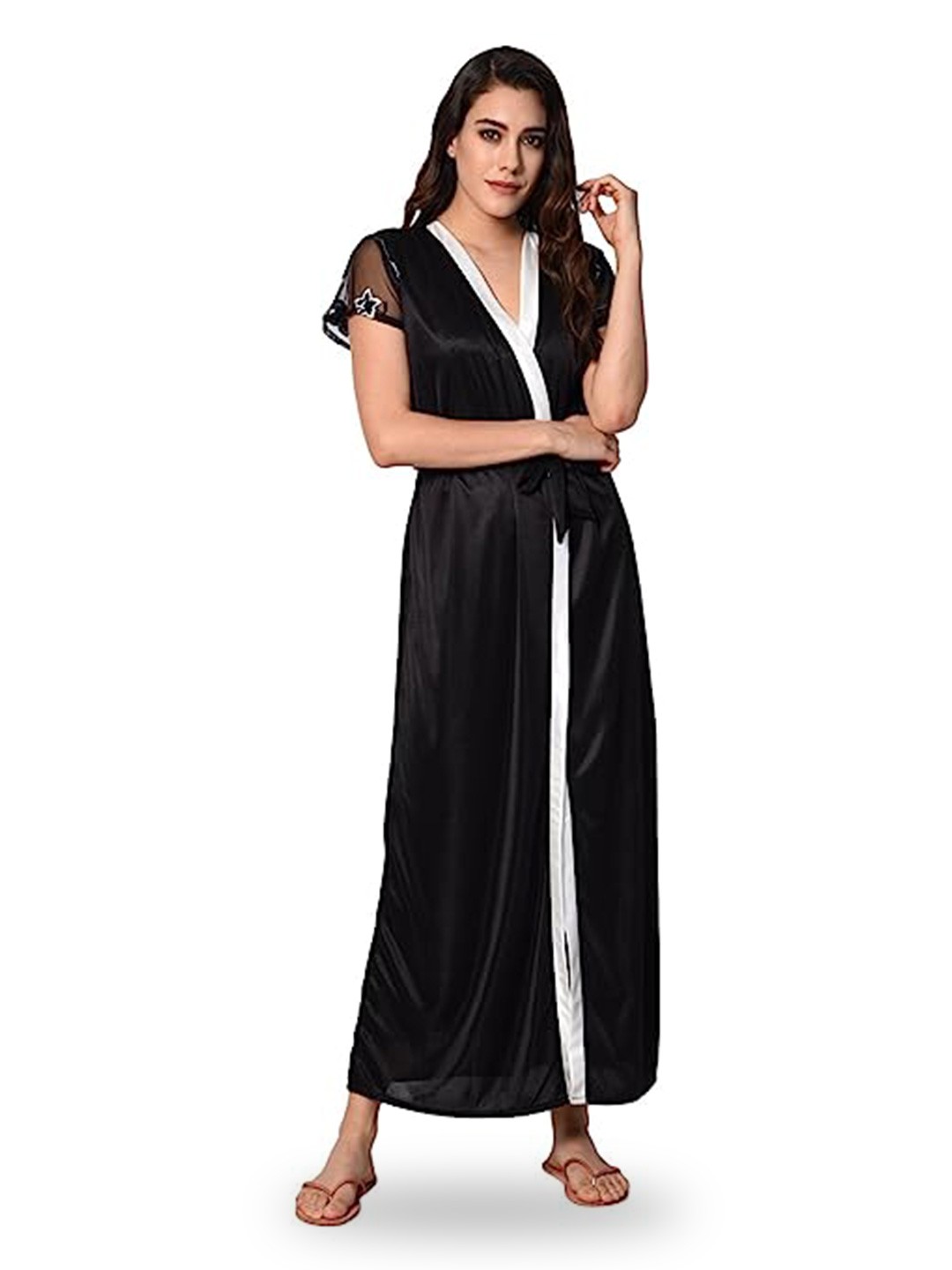 

Noty Floral Embroidered Maxi Satin Nightdress With Robe, Black