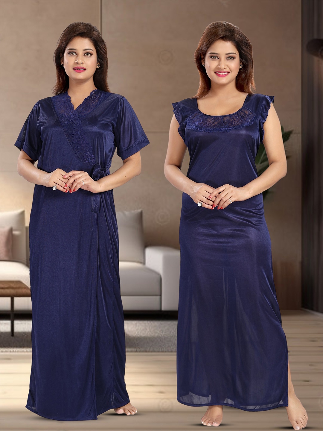 

Noty Pack Of 2 Satin Maxi Wrap Nightdress, Navy blue
