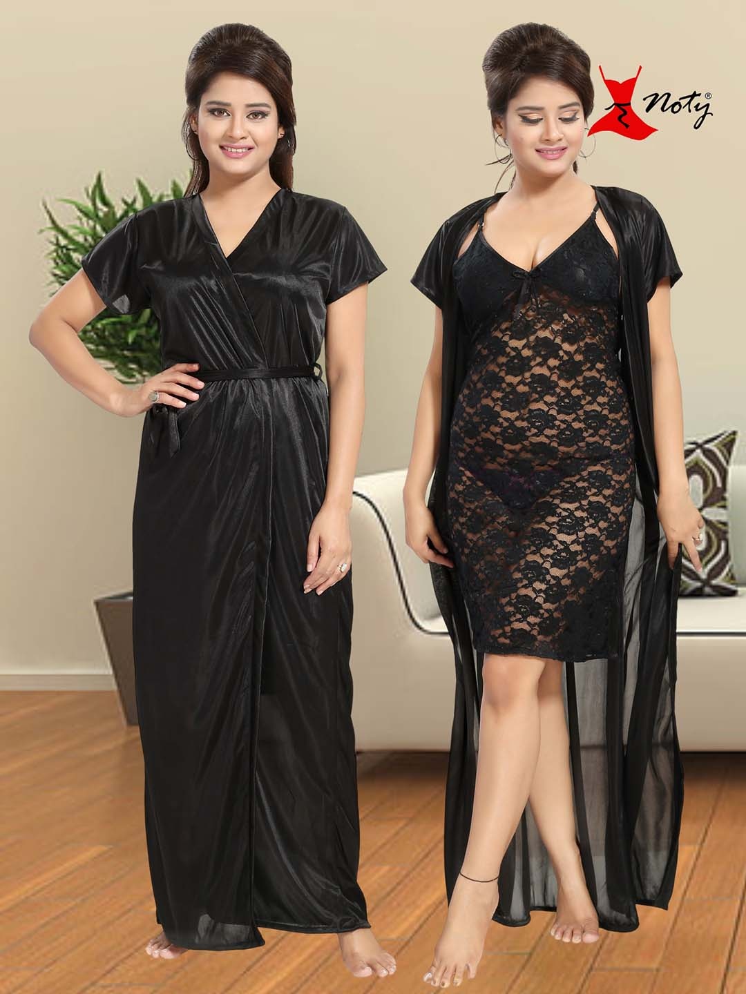 

Noty Pack Of 2 Satin Maxi Wrap Nightdress, Black