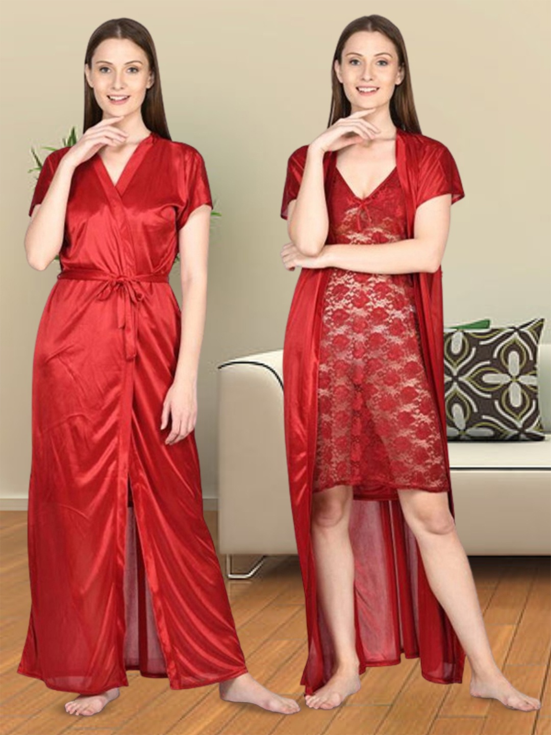 

Noty Self Design Satin Nightdress With Robe, Maroon