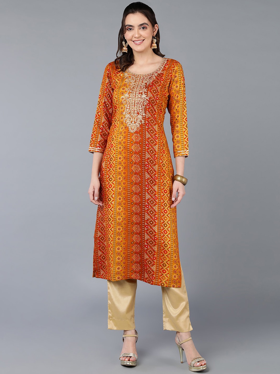 

AHIKA Yellow Bandhani Printed Embroidered Straight Kurta