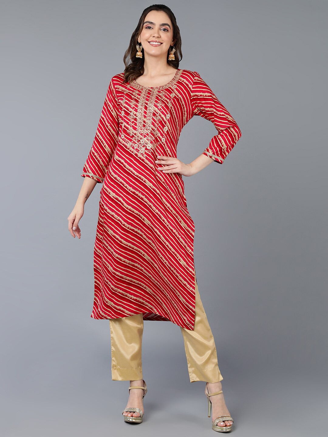 

AHIKA Pink Striped Embroidered Straight Kurta