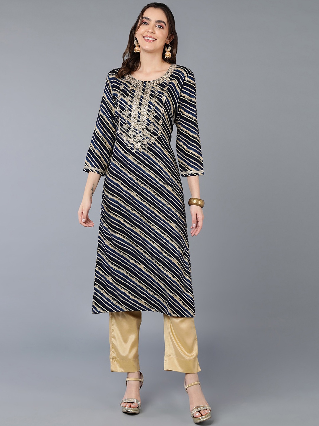 

AHIKA Navy Blue Leheriya Printed Thread Work Straight Kurta