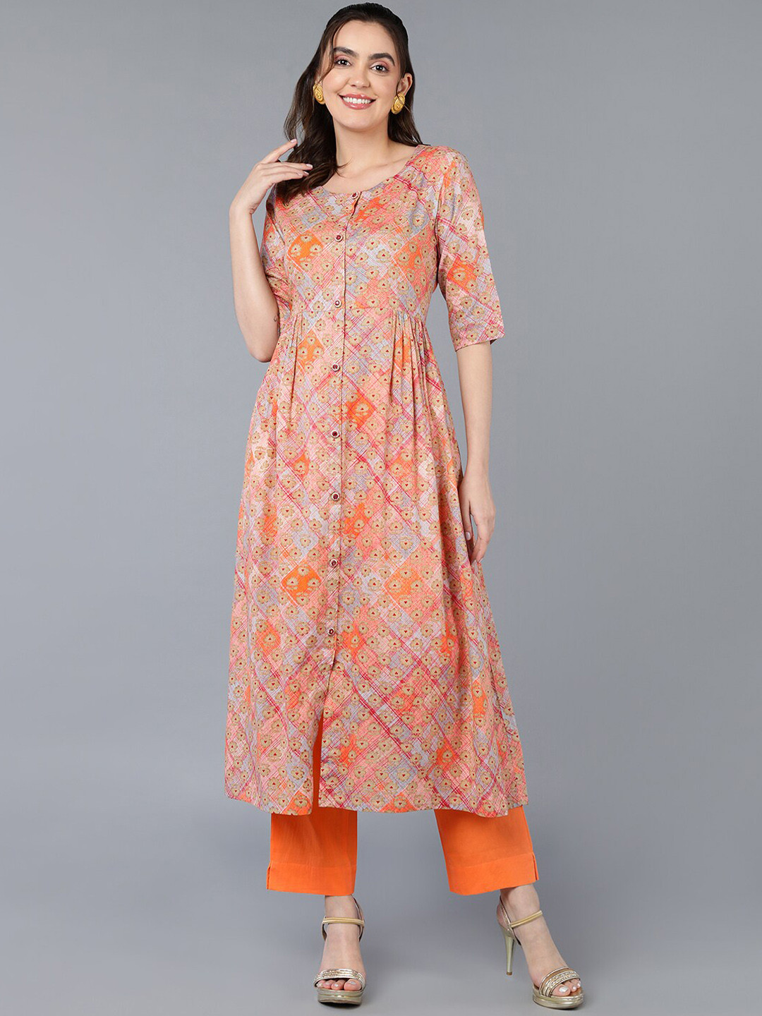 

AHIKA Orange Abstract Printed Pleated A-Line Cotton Kurta