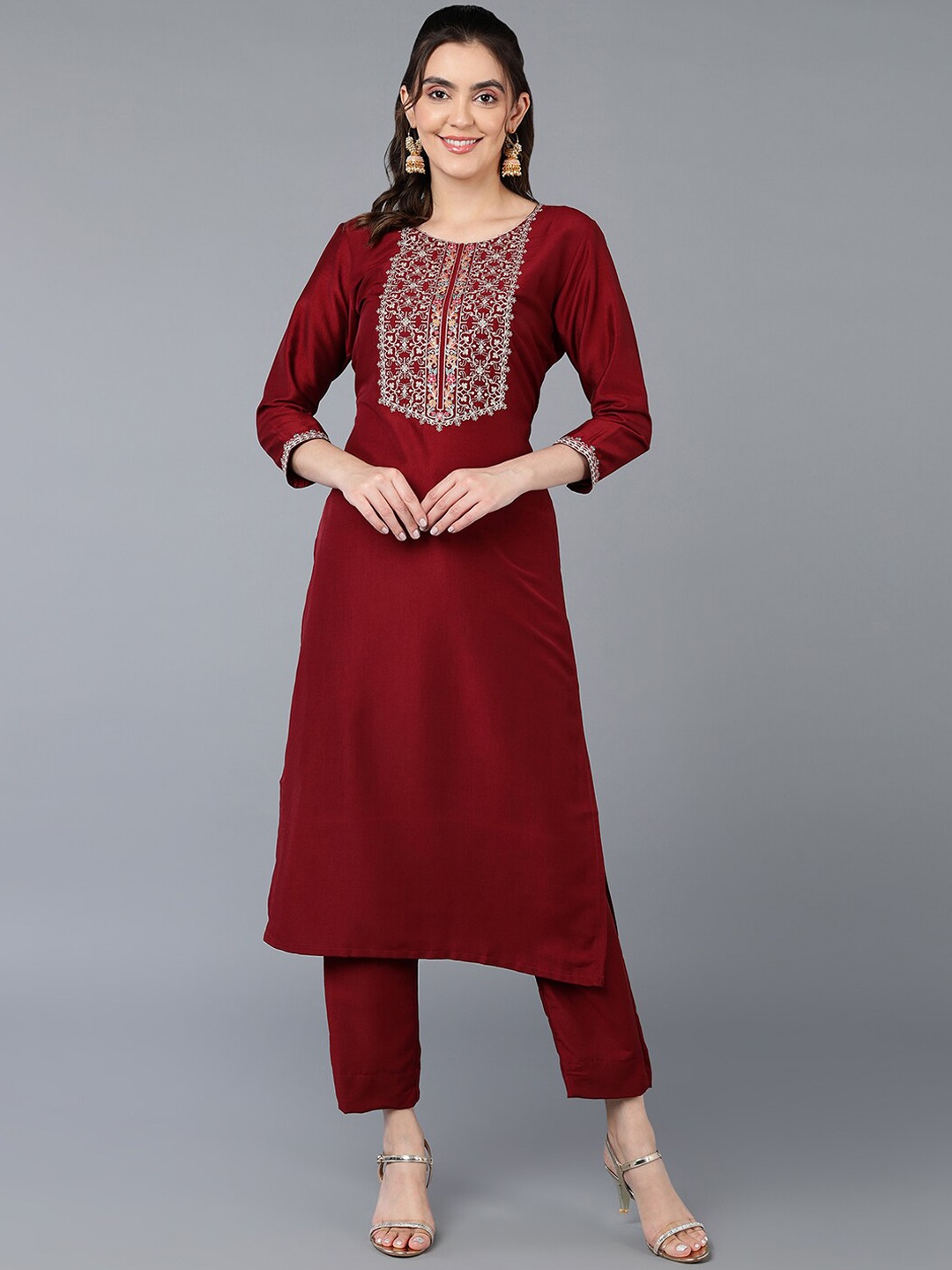 

AHIKA Maroon Yoke Design Embroidered Straight Kurta
