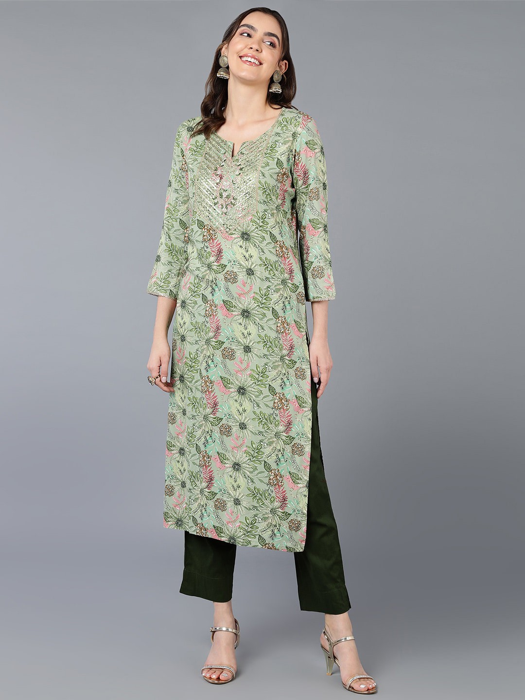 

AHIKA Sea Green Floral Printed Sequinned Straight Kurta