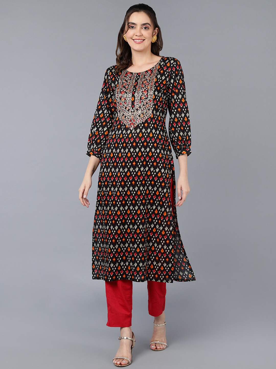 

AHIKA Black Geometric Yoke Design Beads and Stones Detail Cotton Straight Kurta