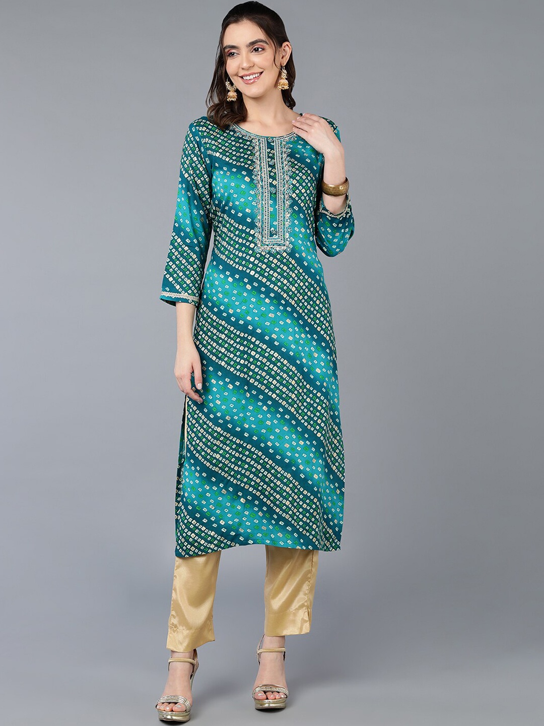 

AHIKA Turquoise Blue Bandhani Printed Straight Kurta