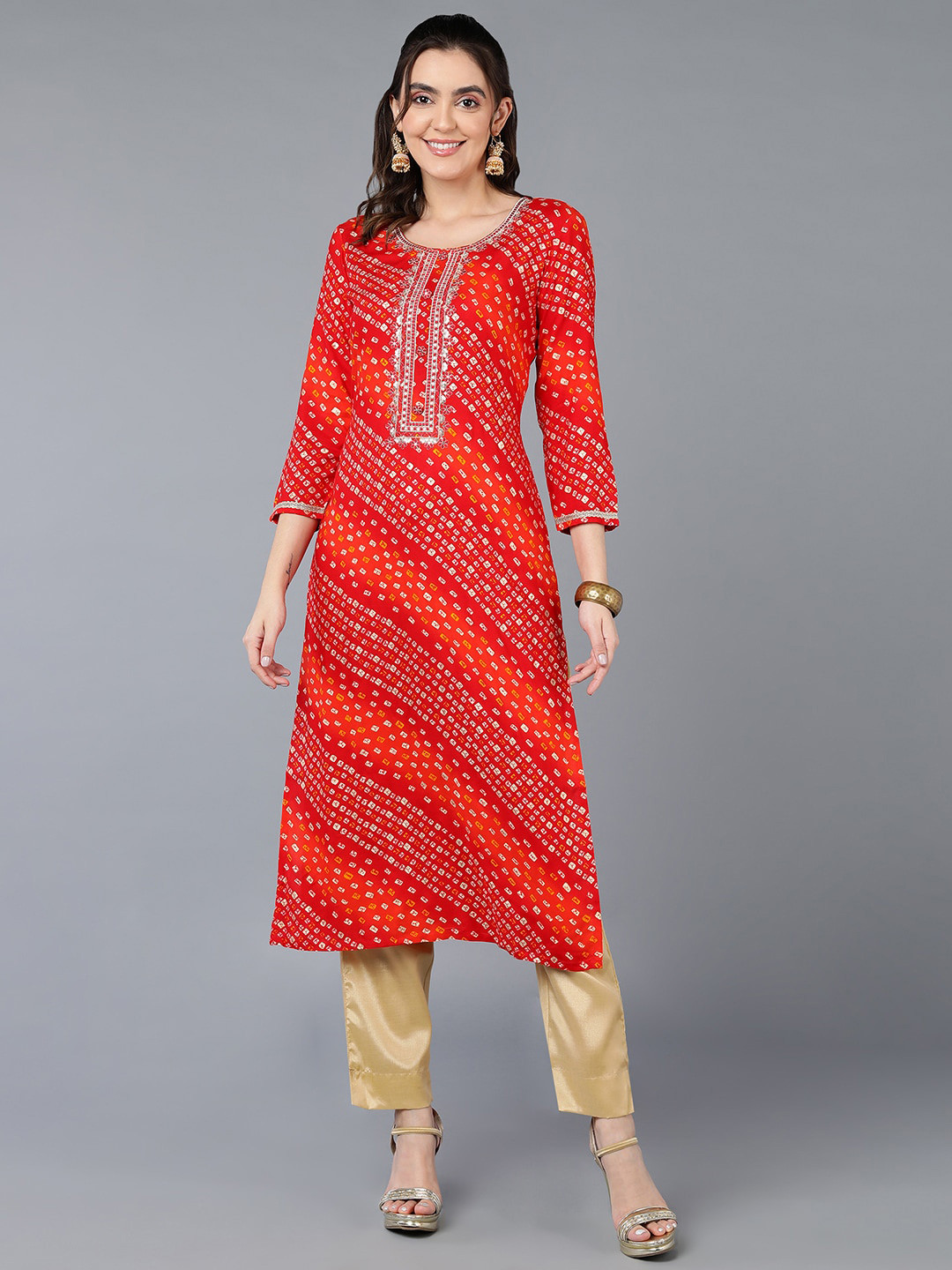 

AHIKA Orange Bandhani Printed Straight Kurta