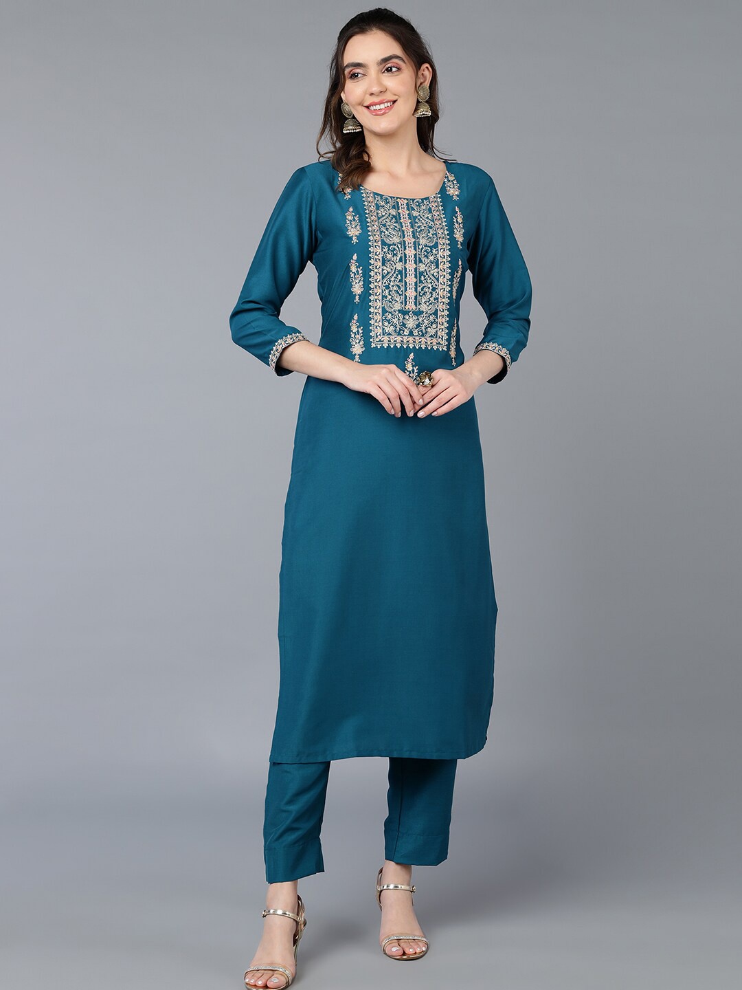 

AHIKA Teal Blue Yoke Design Embroidered Straight Kurta