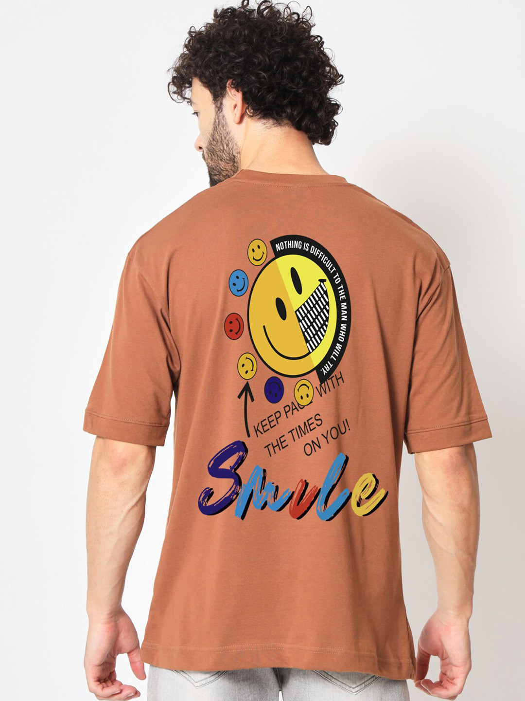 

Imsa Moda Typography Printed Cotton Oversized Longline T-shirt, Coffee brown