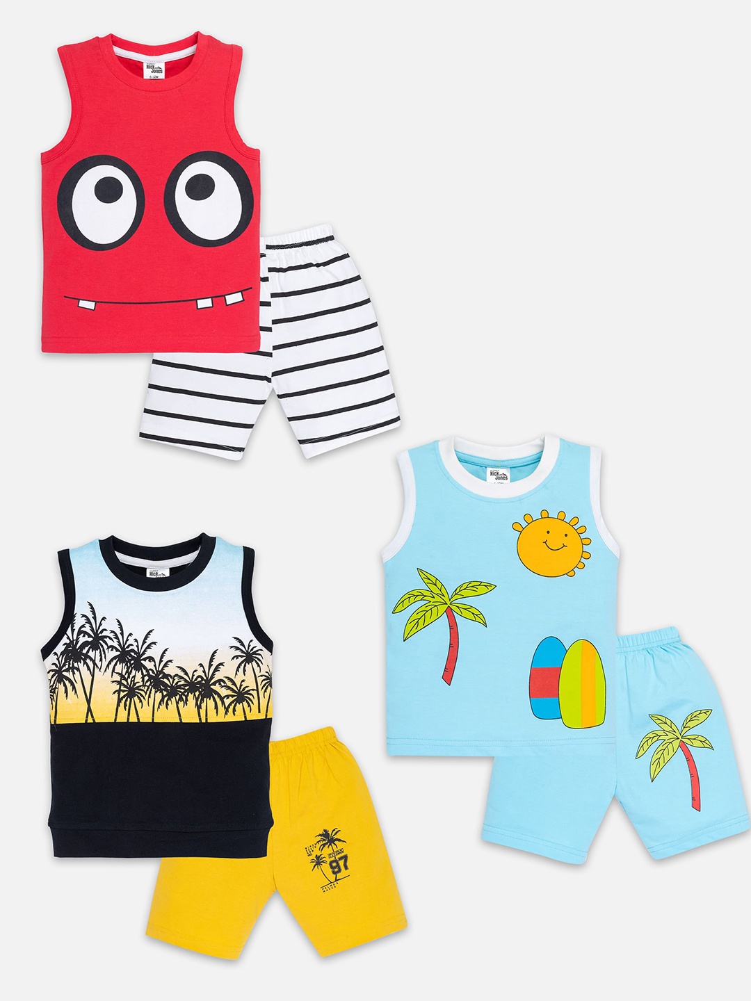 

Nick and Jones Boys Pack Of 3 Printed Pure Cotton T-shirt with Shorts, Red