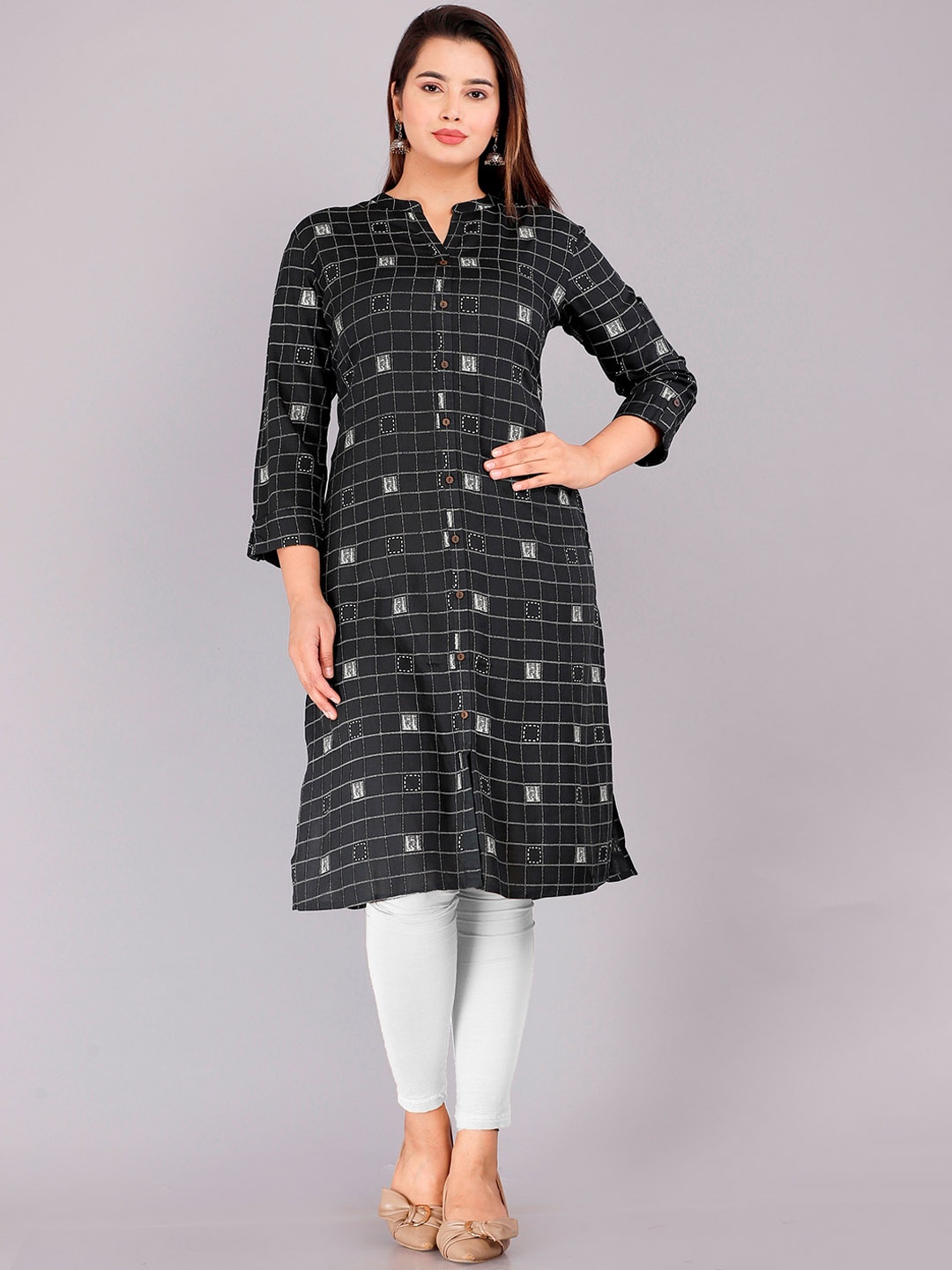 

HERE&NOW Olive Green Geometric Printed Mandarin Collar Roll-Up Sleeves Kurta