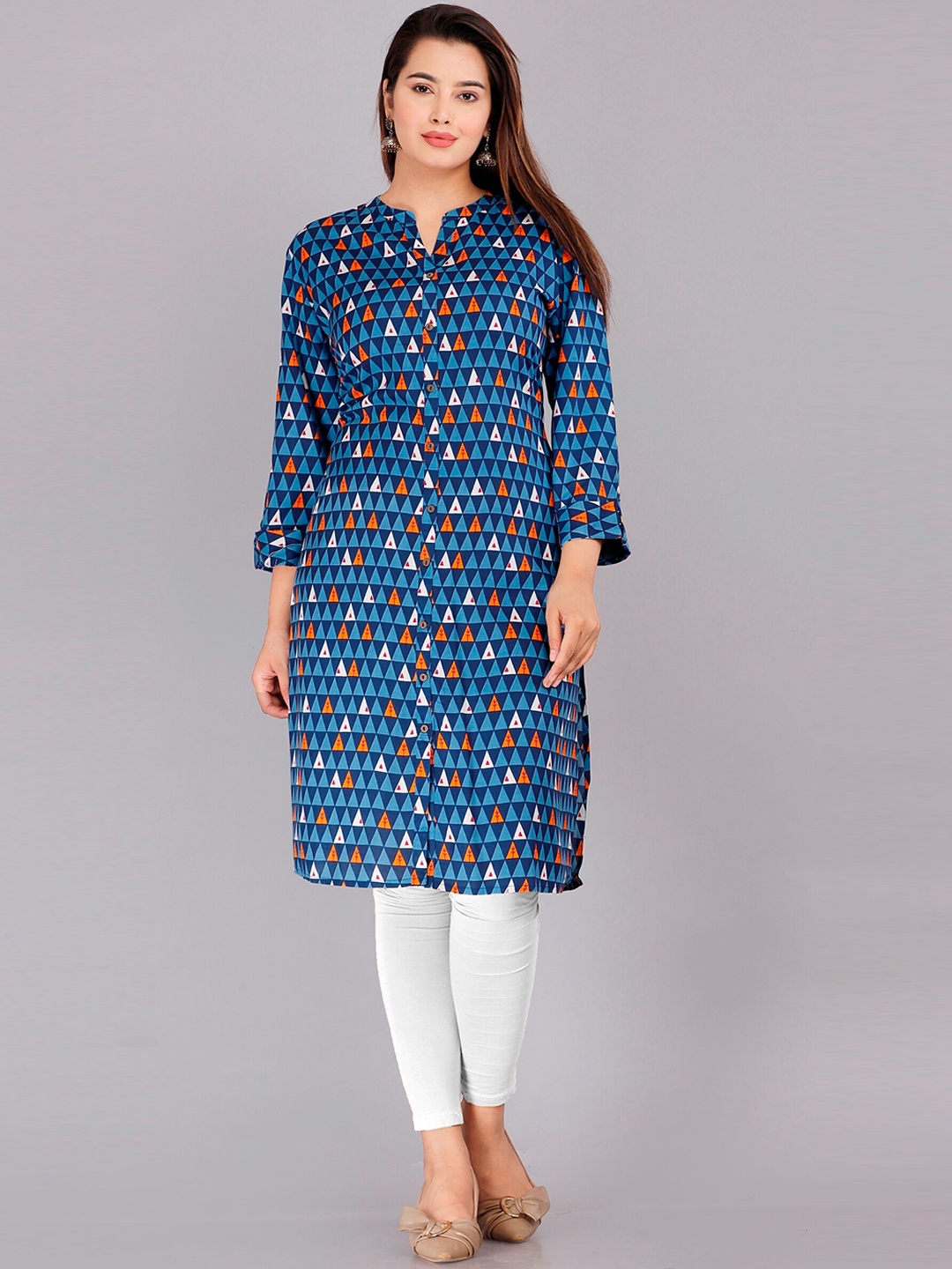 

HERE&NOW Blue Geometric Printed Mandarin Collar Kurta