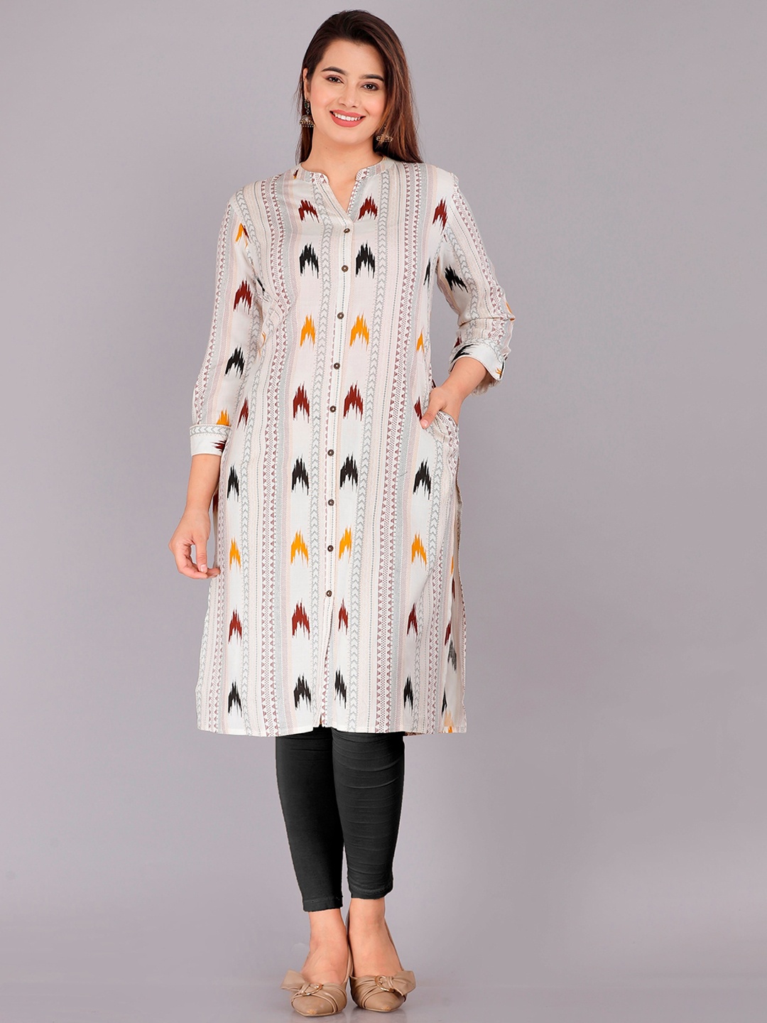 

HERE&NOW Off White Printed Mandarin Collar Kurta