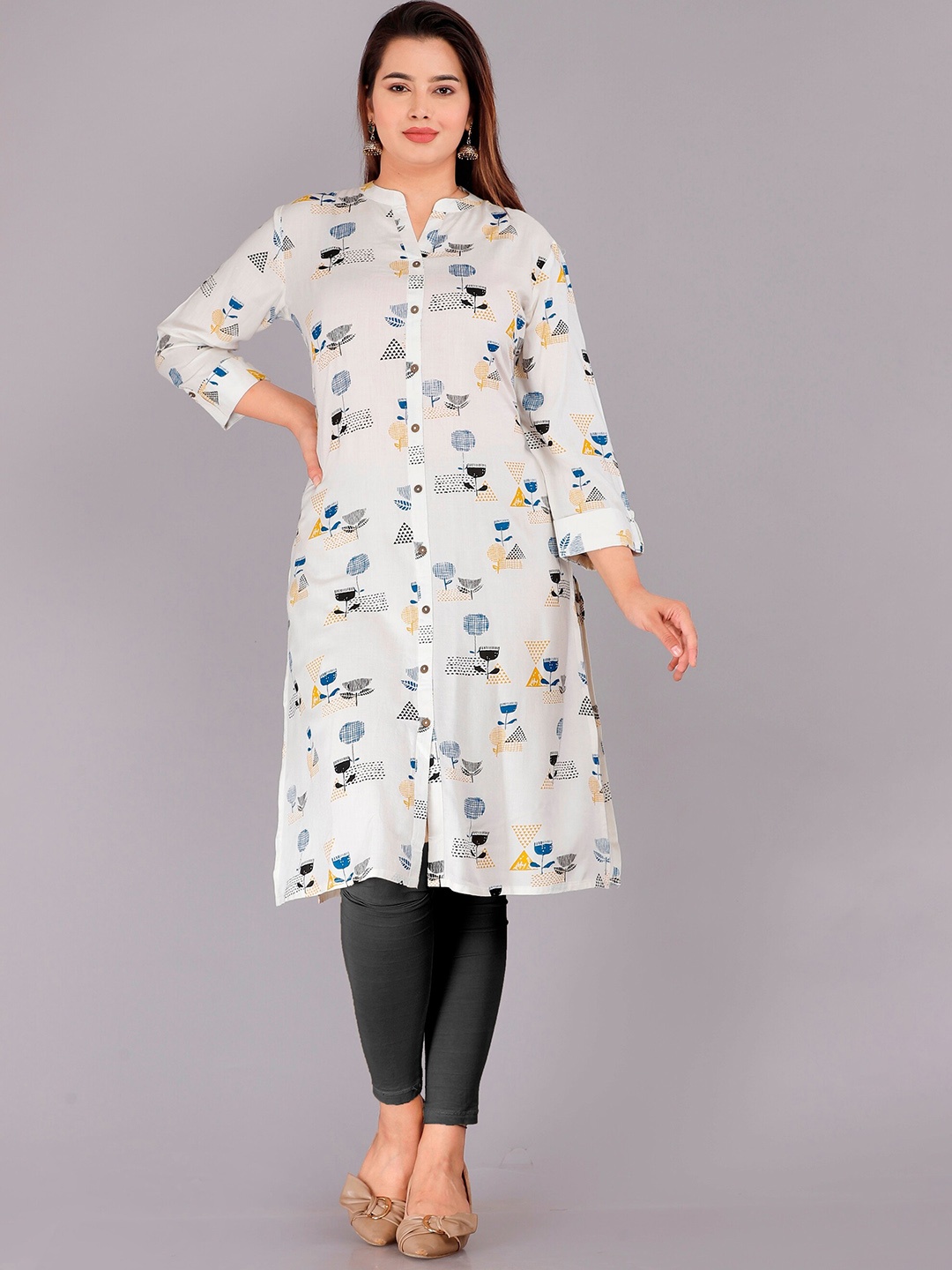 

HERE&NOW Off White Printed Mandarin Collar Roll-Up Sleeves Kurta