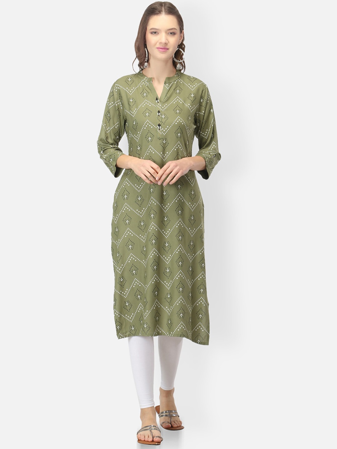 

FEMMIBELLA Ethnic Motifs Printed Mandarin Collar Cotton Kurta, Green